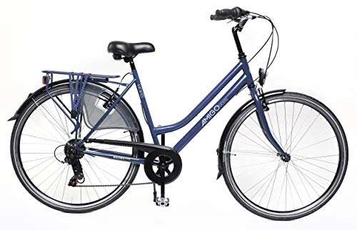 Paseo : Amigo Moves - Bicicleta de ciudad para mujer de 28 pulgadas, cambio Shimano de 6 velocidades, con freno de mano, iluminación y soporte, color azul