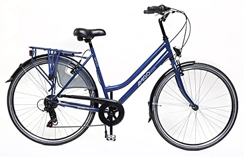 Paseo : Amigo Moves - Bicicleta de Cuidad de 28 Pulgadas para Mujeres - Adecuada para Alguien a Partir de 170-175 cm - Engrenaje Shimano Nexus con 6 velocidades - con V-Brakes, iluminación y estándar - Azul