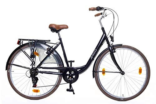 Paseo : Amigo Style – Bicicleta de ciudad para mujer – Bicicleta de mujer de 28 pulgadas – Cambio Shimano de 6 velocidades – Bicicleta de ciudad con freno de mano, iluminación y soporte de bicicleta – Negro