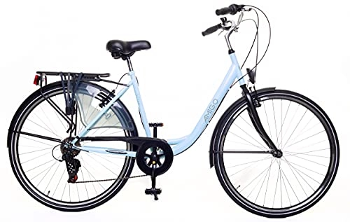 Paseo : Amigo Style - Bicicleta de Cuidad de 28 Pulgadas para Mujeres - Adecuada para Alguien a Partir de 170-175 cm - Engrenaje Shimano Nexus con 6 velocidades - con V-Brakes, iluminación y estándar - Azul