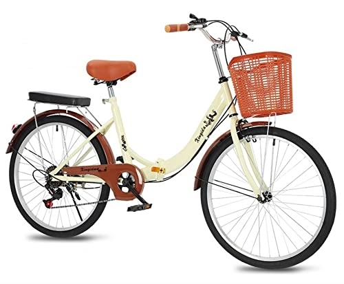Paseo : bicicleta de mujer bicicleta de carretera de ciudad de 24 pulgadas bicicleta plegable, marco de acero ligero y cómodo, asiento ajustable, luz trasera y cesta+timbre para adultos y adolescentes / crema