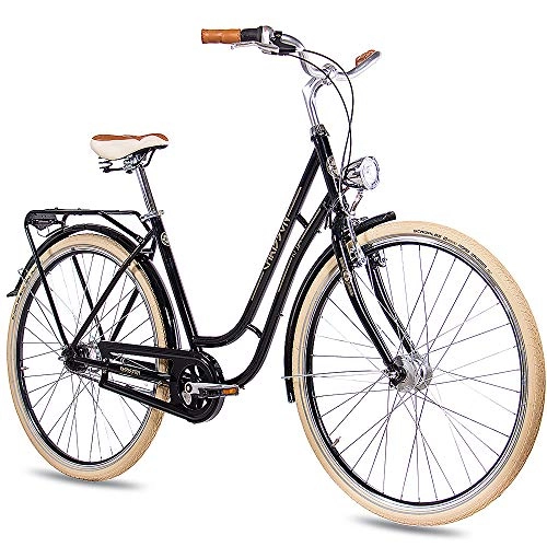 Paseo : CHRISSON Bicicleta de ciudad retro para mujer de 28 pulgadas, N Lady 7G, color negro, con cambio Shimano Nexus de 7 marchas en diseño retro, para mujer con freno de pedal y portaequipajes.