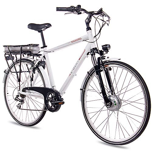 Paseo : CHRISSON Bicicleta eléctrica de 28 pulgadas para trekking y ciudad para hombre, E-Gent blanco con 7 marchas Acera, Pedelec para hombre con motor de rueda delantera Bafang 250 W, 36 V