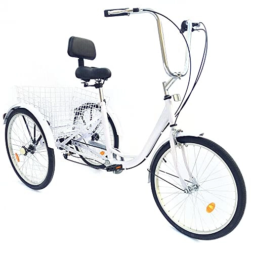 Paseo : Futchoy Triciclo de 24 pulgadas, 6 velocidades, para adultos, triciclo de 3 bicicletas, triciclo para adultos, para transportar compras con cestas, color blanco