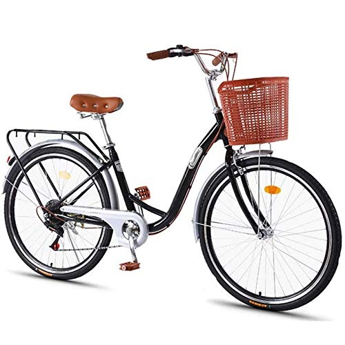 Paseo : GFYWZ Bicicleta De Ocio Urbana De 26", Bicicleta para Adultos Liviana De 7 Velocidades, Linterna para Bicicleta Y Canasta para Mujer, Inflador, Bloqueo Antirrobo