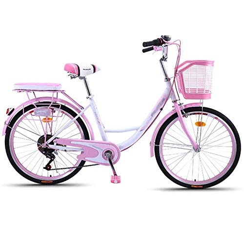 Paseo : GFYWZ Bicicleta para Mujer De 24", Bicicleta De 6 Velocidades para Mujer con Canasta con Candado, Linterna, Inflador, Herramienta De Instalación para Rosa