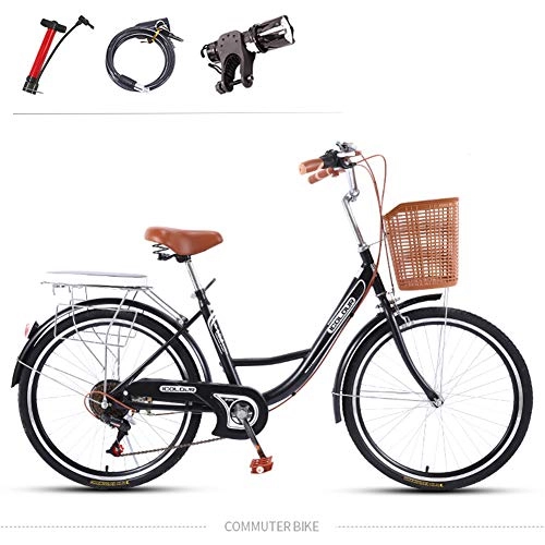 Paseo : GHH 24" Bicicleta Mujer Cómoda / Clasica Paseo Negro 7 Speed Unisex, Adulto, Cuadro de Acero con Canasta Luz de Noche Candado de Bicicleta, Bomba de Aire