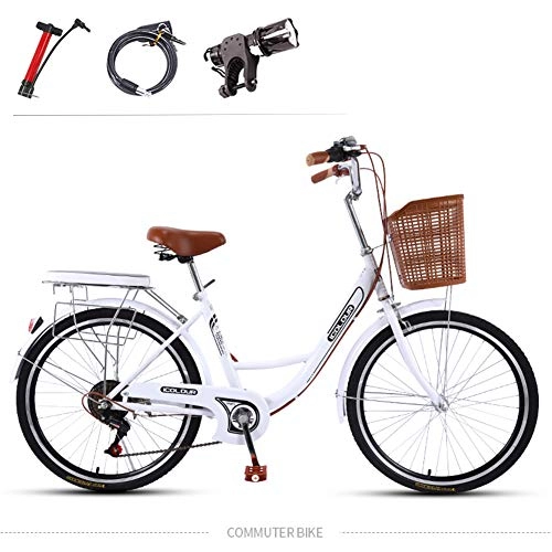 Paseo : GHH 24' Elegance Bicicleta Urbana / Bicicleta Summer para Mujer 7 Speed Blanco con Canasta Luz de Noche, Paseo Candado de Bicicleta, Bomba de Aire