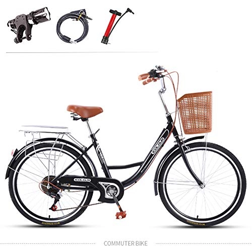 Paseo : GHH 26" Bicicleta Clasica Paseo Negro 7 Speed Unisex, Adulto, Cuadro de Acero con Canasta Luz de Noche Candado de Bicicleta, Bomba de Aire