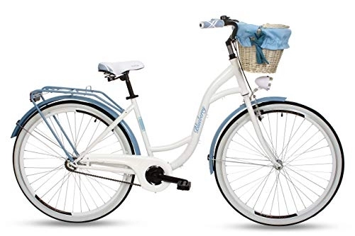 Paseo : Goetze Blueberry - Bicicleta de ciudad vintage para mujer, estilo holandés, 1 marcha sin cambios, de nivel bajo, freno de contrapedal, ruedas de aluminio de 28 pulgadas, cesta con acolchado gratis.