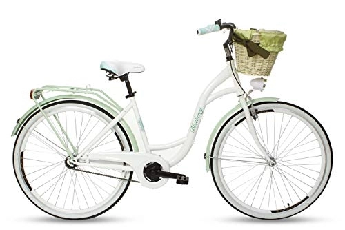 Paseo : Goetze Blueberry - Bicicleta de ciudad vintage para mujer, estilo holandés, 1 marcha sin cambios, freno de contrapedal, ruedas de aluminio de 26 pulgadas, cesta con acolchado