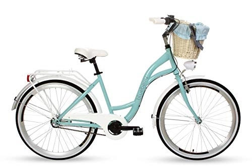 Paseo : Goetze Blueberry - Bicicleta de ciudad vintage para mujer, estilo holandés, 3 velocidades, Shimano Nexus, freno de contrapedal, ruedas de aluminio de 26 pulgadas, cesta con acolchado