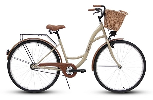 Paseo : Goetze Eco Vintage City Bike - Bicicleta holandesa para mujer, estructura de acero, ruedas de aluminio de 28 pulgadas con freno de contrapedal, 1 marcha, sin desviador, cesta de mimbre