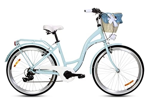 Paseo : Goetze Mood - Bicicleta de ciudad para mujer de aluminio, diseño retro vintage holandés, ruedas de 26 pulgadas, cambio Shimano de 7 velocidades, entrada profunda, cesta con acolchado