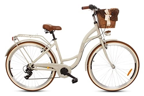 Paseo : Goetze Mood - Bicicleta de ciudad para mujer, marco de aluminio, estilo retro vintage Holanda, ruedas de 28 pulgadas, desviador Shimano de 7 marchas, para principiantes bajos, cesta con acolchado