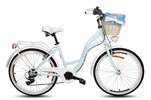 Paseo : Goetze Mood - Bicicleta de ciudad retro vintage holandesa para mujer, ruedas de aluminio de 24 pulgadas, cambio Shimano de 6 velocidades, subida profunda, cesta con acolchado