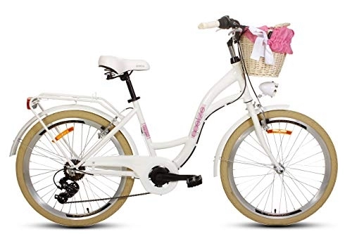 Paseo : Goetze Mood - Bicicleta de ciudad retro vintage holandesa para mujer, ruedas de aluminio de 24 pulgadas, cambio Shimano de 7 velocidades, subida profunda, cesta con acolchado