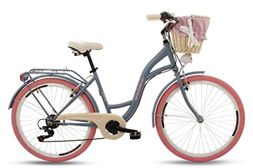 Paseo : Goetze Mood - Bicicleta de ciudad retro vintage holandesa para mujer, ruedas de aluminio de 26 pulgadas, cambio Shimano de 7 velocidades, subida profunda, cesta con acolchado