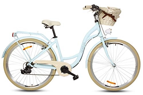 Paseo : Goetze Mood - Bicicleta de ciudad retro vintage holandesa para mujer, ruedas de aluminio de 28 pulgadas, cambio Shimano Tourney de 7 velocidades, subida profunda, cesta con acolchado
