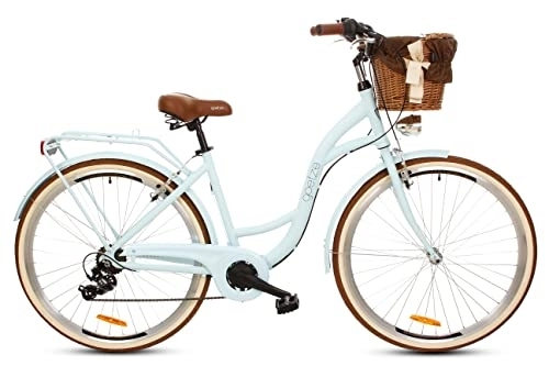 Paseo : Goetze Mood - Bicicleta de ciudad retro vintage holland para mujer, ruedas de 28 pulgadas, desviador Shimano de 7 velocidades, subida profunda, cesta con acolchado
