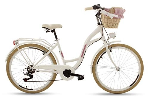 Paseo : Goetze Mood - Bicicleta para mujer retro vintage Holanda urbana, ruedas de aluminio de 26 pulgadas, cambio Shimano de 6 velocidades, cesta con acolchado gratis