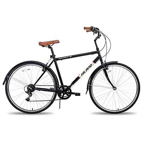 Paseo : Hiland Bicicleta de Ciudad 700C Urban City Commuter para Hombres con Shimano de 7 velocidades, cómoda de Estilo Retro, 50cm, Color Negro