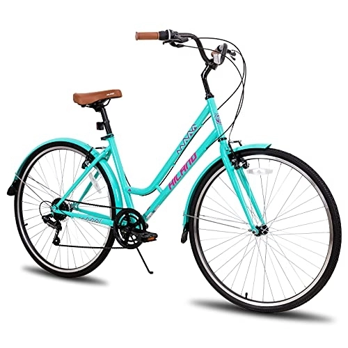 Paseo : Hiland - Bicicleta de ciudad vintage para mujer, 28 pulgadas, 700 C, con cambio Shimano de 7 velocidades, bicicleta híbrida, bicicleta holandesa, 46 cm, color azul