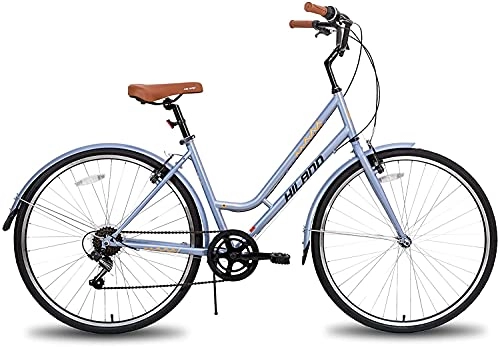 Paseo : Hiland Bicicleta híbrida 700C urbana, bicicleta de ciudad con Shimano de 7 velocidades, cómoda, retro, 46 cm, gris para mujeres