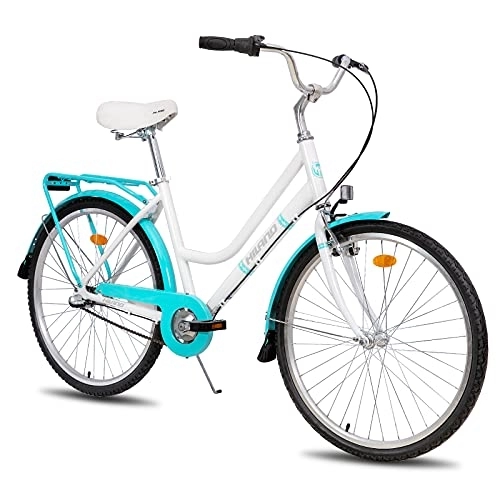Paseo : Hiland Urban - Bicicleta de ciudad para mujer con freno en V, palanca de cambio Shimano de 3 velocidades y portaequipajes, color blanco y azul