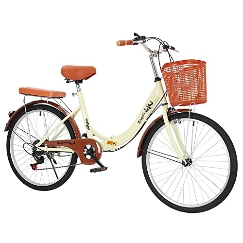 Paseo : LFNOONE Bicicleta de Ciudad para Mujer de 24 Pulgadas Bicicleta Plegable para Hombre y Mujer Retro Bicicleta de Carretera 6 velocidades, Sistema de Plegado rápido, luz Trasera / Cesta / Campana, Beige