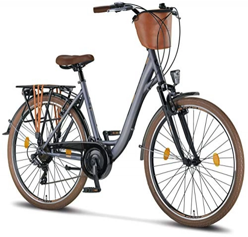 Paseo : Licorne Bike Bicicleta de ciudad prémium de 24, 26 y 28 pulgadas, para niños, hombres y mujeres, cambio Shimano de 21 velocidades, bicicleta holandesa, Violetta, antracita