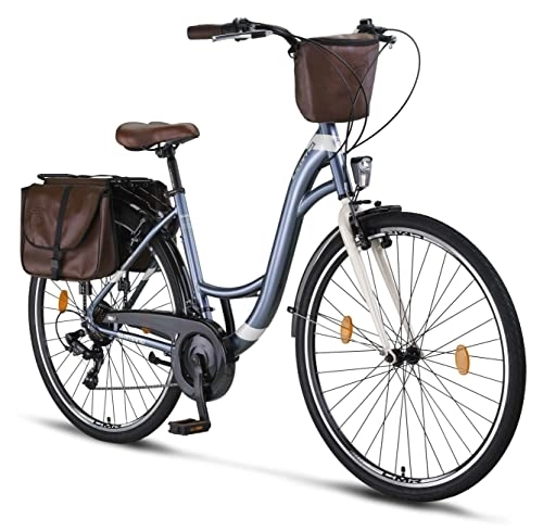 Paseo : Licorne Bike Bicicleta de ciudad Stella Plus Premium en aluminio de 28 pulgadas, para niños, hombres y mujeres, cambio de 21 velocidades, bicicleta holandesa (28 pulgadas), color azul grisáceo