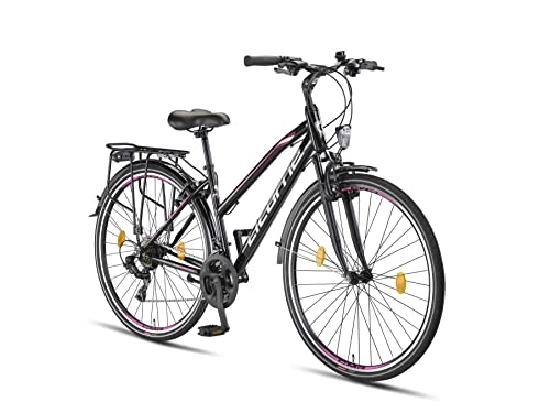 Paseo : Licorne Bike L-V-ATB Bicicleta de trekking prémium de 28 pulgadas, para hombres, niños, niñas y mujeres, cambio de 21 velocidades, ciudad, hombres, color negro y rosa
