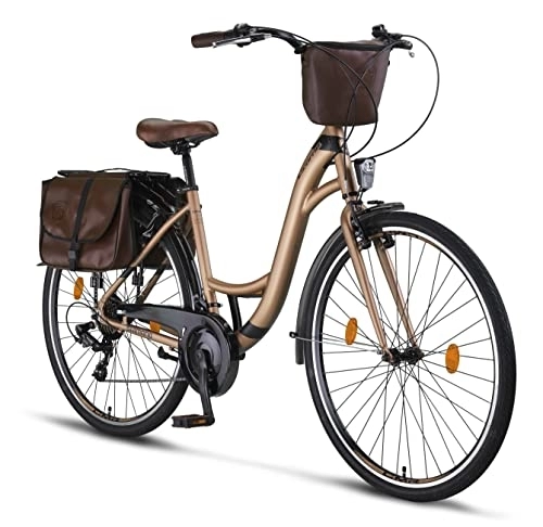Paseo : Licorne Bike Stella Plus Premium City Bike en 28 pulgadas de aluminio para niñas, niños, hombres y mujeres - 21 velocidades - Bicicleta holandesa (28 pulgadas, dorada)