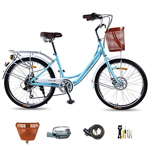 Paseo : LWZ Bicicleta Retro para Mujer Comfort Cruiser Bike con Cesta 24 Pulgadas Ruedas de 7 velocidades Bicicleta de Ciudad Ligera