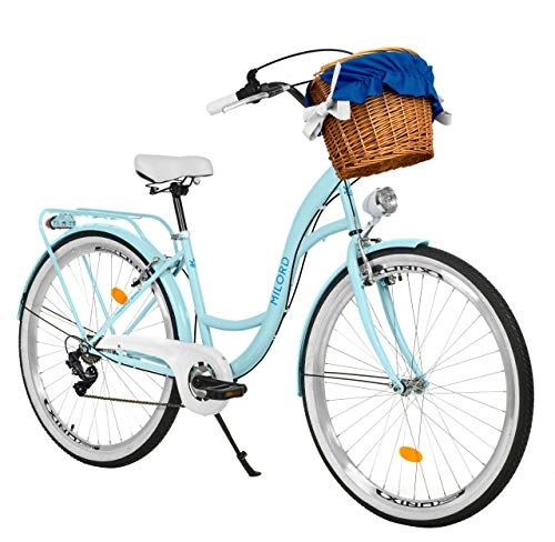 Paseo : Milord Bikes Bicicleta de Confort, Azul Claro, de 7 Velocidad y 26 Pulgadas con Cesta y Soporte Trasero, Bicicleta Holandesa, Bicicleta para Mujer, Bicicleta Urbana, Retro, Vintage
