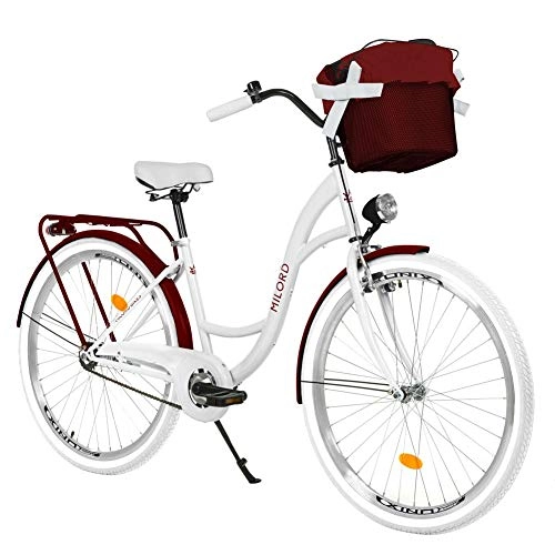 Paseo : Milord Bikes Bicicleta de Confort Blanco y Burdeos de 3 Velocidad y 26 Pulgadas con Cesta y Soporte Trasero, Bicicleta Holandesa, Bicicleta para Mujer, Bicicleta Urbana, Retro, Vintage