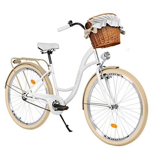 Paseo : Milord Bikes Bicicleta de Confort Crema Blanca de 3 Velocidad y 26 Pulgadas con Cesta y Soporte Trasero, Bicicleta Holandesa, Bicicleta para Mujer, Bicicleta Urbana, Retro, Vintage