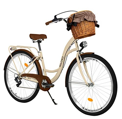 Paseo : Milord Bikes Bicicleta de Confort, el Color del Capuchino, de 7 Velocidad y 28 Pulgadas con Cesta y Soporte Trasero, Bicicleta Holandesa, Bicicleta para Mujer, Bicicleta Urbana, Retro, Vintage