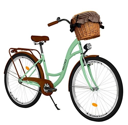 Paseo : Milord Bikes Bicicleta de Confort Menta de 1 Velocidad y 26 Pulgadas con Cesta y Soporte Trasero, Bicicleta Holandesa, Bicicleta para Mujer, Bicicleta Urbana, Retro, Vintage