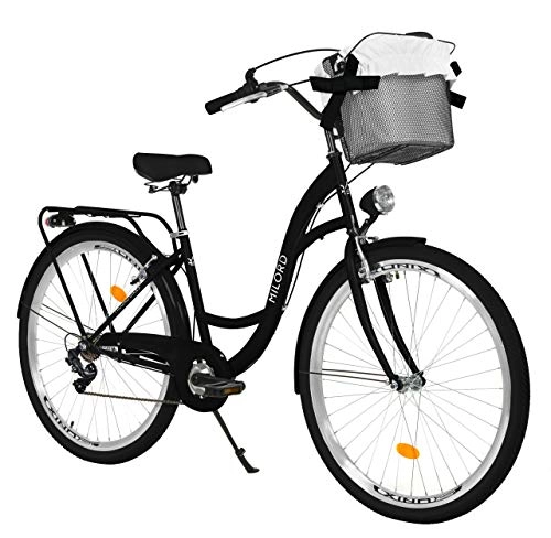 Paseo : Milord Bikes Bicicleta de Confort Negro de 7 Velocidad y 26 Pulgadas con Cesta y Soporte Trasero, Bicicleta Holandesa, Bicicleta para Mujer, Bicicleta Urbana, Retro, Vintage