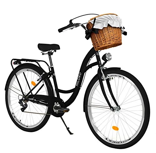 Paseo : Milord Bikes Bicicleta de Confort Negro de 7 Velocidad y 28 Pulgadas con Cesta y Soporte Trasero, Bicicleta Holandesa, Bicicleta para Mujer, Bicicleta Urbana, Retro, Vintage