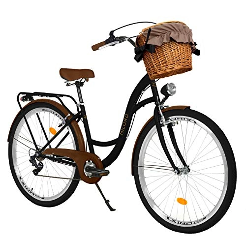 Paseo : Milord Bikes Bicicleta de Confort, Negro-marrón, de 7 Velocidad y 26 Pulgadas con Cesta y Soporte Trasero, Bicicleta Holandesa, Bicicleta para Mujer, Bicicleta Urbana, Retro, Vintage