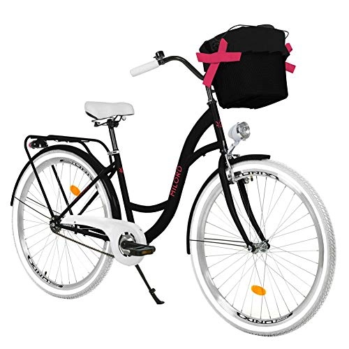 Paseo : Milord Bikes Bicicleta de Confort Negro y Rosa de 1 Velocidad y 26 Pulgadas con Cesta y Soporte Trasero, Bicicleta Holandesa, Bicicleta para Mujer, Bicicleta Urbana, Retro, Vintage