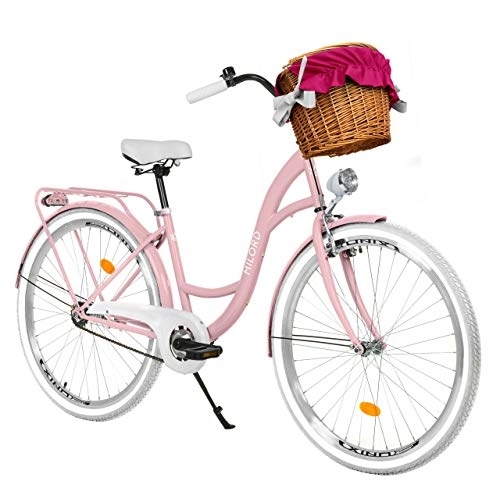 Paseo : Milord Bikes Bicicleta de Confort Rosa de 3 Velocidad y 26 Pulgadas con Cesta y Soporte Trasero, Bicicleta Holandesa, Bicicleta para Mujer, Bicicleta Urbana, Retro, Vintage