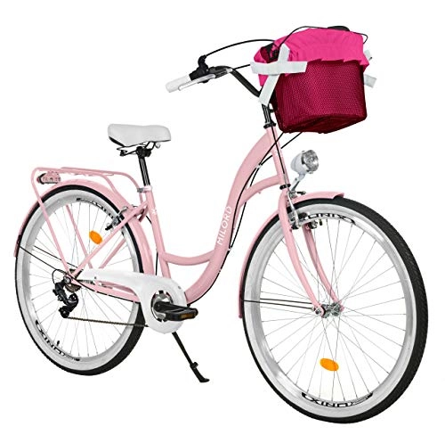 Paseo : Milord Bikes Bicicleta de Confort, Rosa, de 7 Velocidad y 26 Pulgadas con Cesta y Soporte Trasero, Bicicleta Holandesa, Bicicleta para Mujer, Bicicleta Urbana, Retro, Vintage