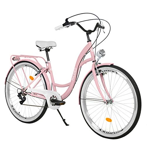 Paseo : Milord Bikes Bicicleta de Confort, Rosa, de 7 Velocidad y 26 Pulgadas con Soporte Trasero, Bicicleta Holandesa, Bicicleta para Mujer, Bicicleta Urbana, Retro, Vintage