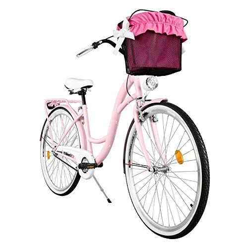 Paseo : Milord Bikes Cómoda Bicicleta de Ciudad con una Canasta, Bicicleta, 3 Velocidades, Rueda de 28", Rosa