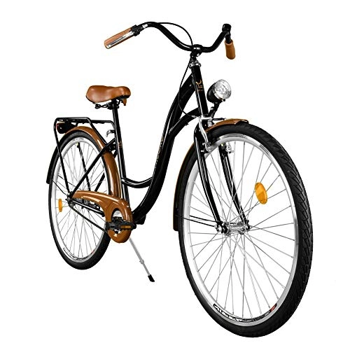 Paseo : Milord. City Comfort Bike, estilo holandés con soporte trasero, 1 velocidad, negro y marrón, 28 pulgadas