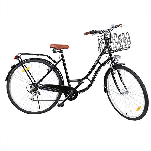 Paseo : MuGuang - Bicicleta de ciudad vintage para mujer de 28 pulgadas, marco de acero, ruedas de 28 pulgadas de aluminio con freno de contrapedal, 7 velocidades sin desviador, cesta incluida (negro)